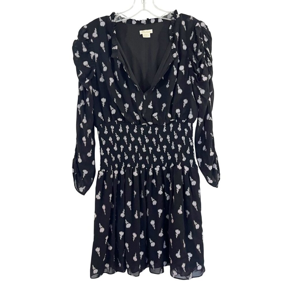Shoshanna Black & Purple Floral Long Sleeve Smocked Mini Dress Cocktail - Size 4